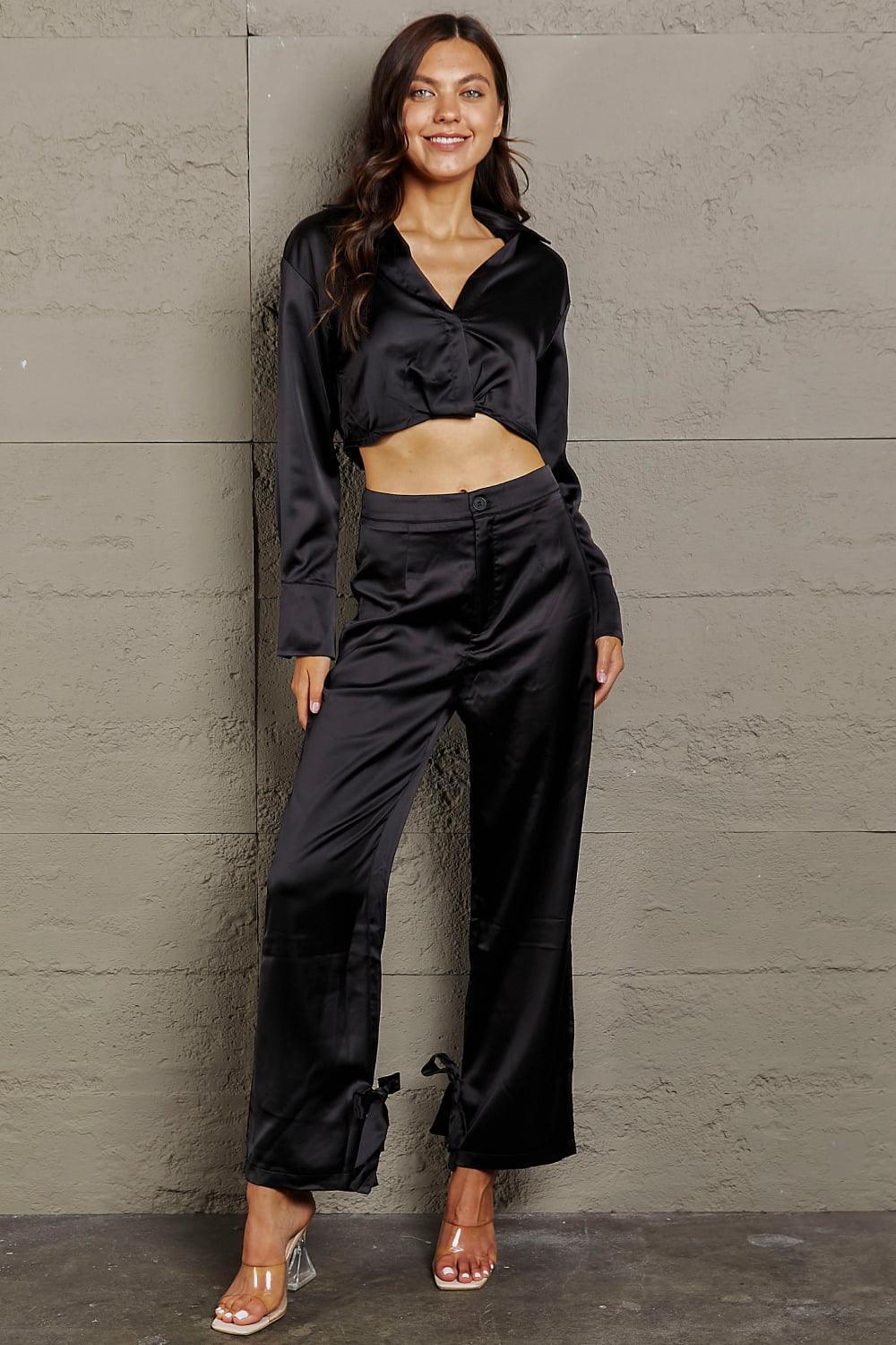 Long Sleeve Black Cropped Blouse And Pants Set - MXSTUDIO.COM
