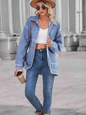 Long Sleeve Buttoned Drop Shoulder Denim Jacket - MXSTUDIO.COM