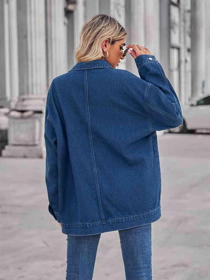 Long Sleeve Buttoned Drop Shoulder Denim Jacket - MXSTUDIO.COM