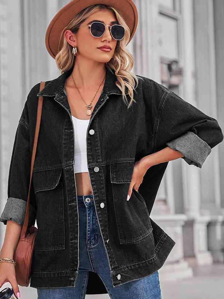 Long Sleeve Buttoned Drop Shoulder Denim Jacket - MXSTUDIO.COM