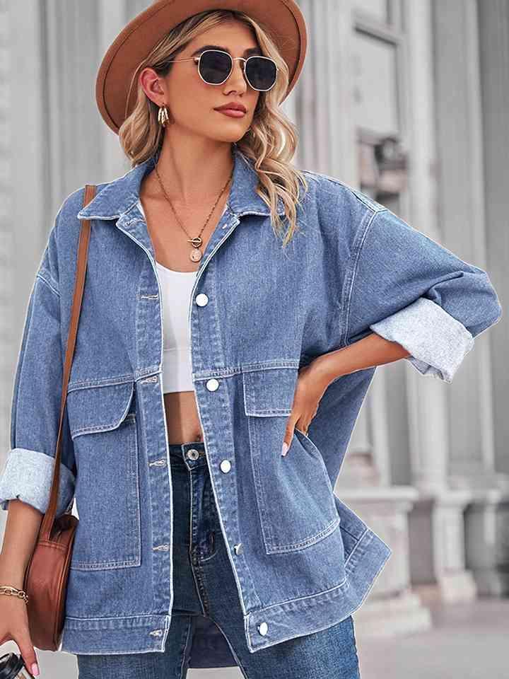 Long Sleeve Buttoned Drop Shoulder Denim Jacket - MXSTUDIO.COM