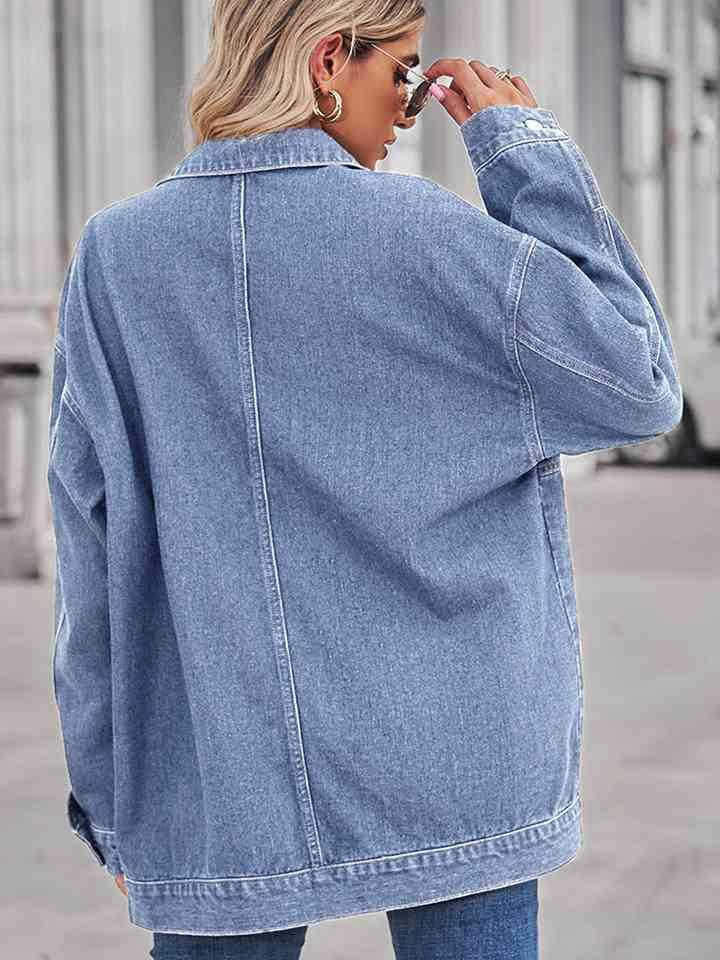 Long Sleeve Buttoned Drop Shoulder Denim Jacket - MXSTUDIO.COM