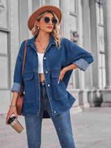 Long Sleeve Buttoned Drop Shoulder Denim Jacket - MXSTUDIO.COM