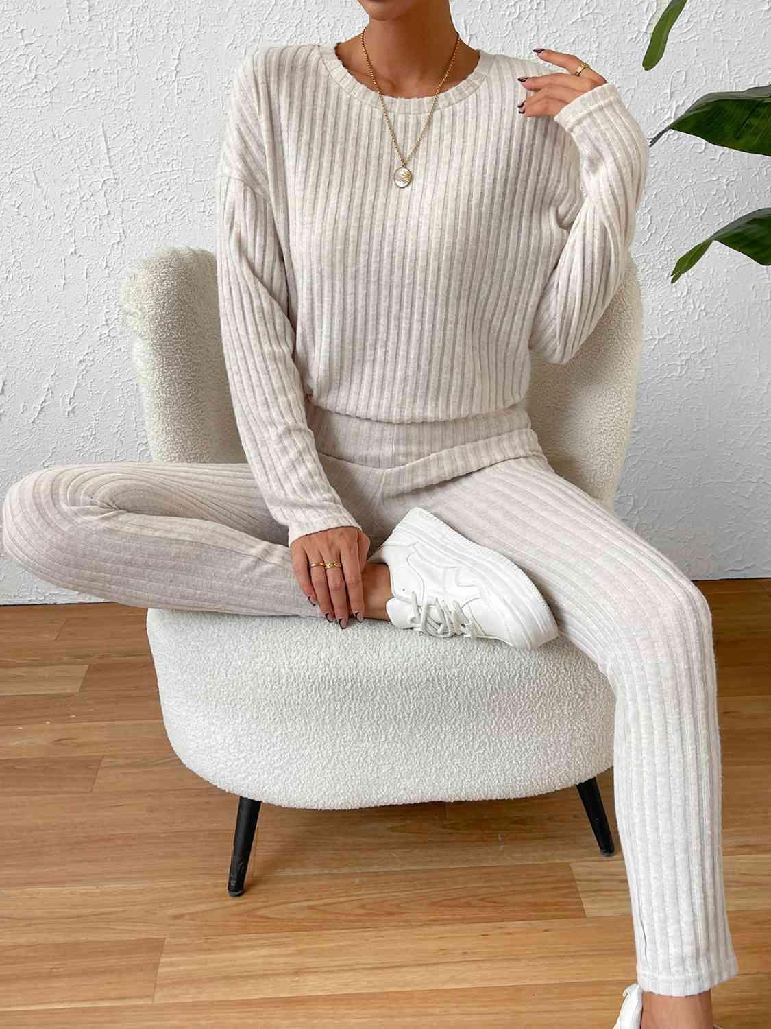 Long Sleeve Ivory Top And Pants Ribbed Lounge Set - MXSTUDIO.COM