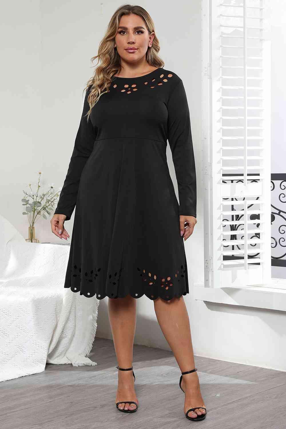 Long Sleeve Plus Size Black Cutout Dress - MXSTUDIO.COM