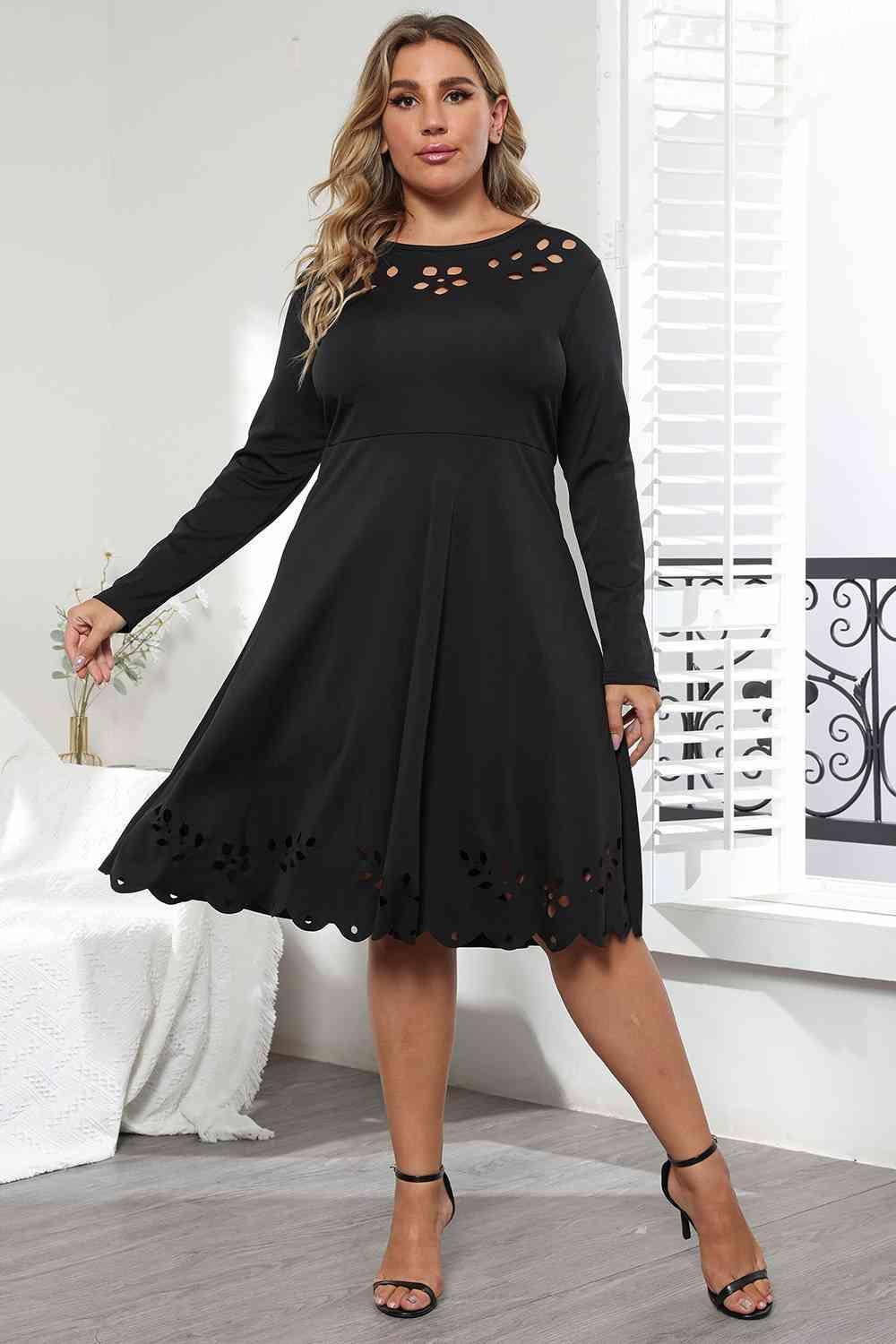 Long Sleeve Plus Size Black Cutout Dress - MXSTUDIO.COM