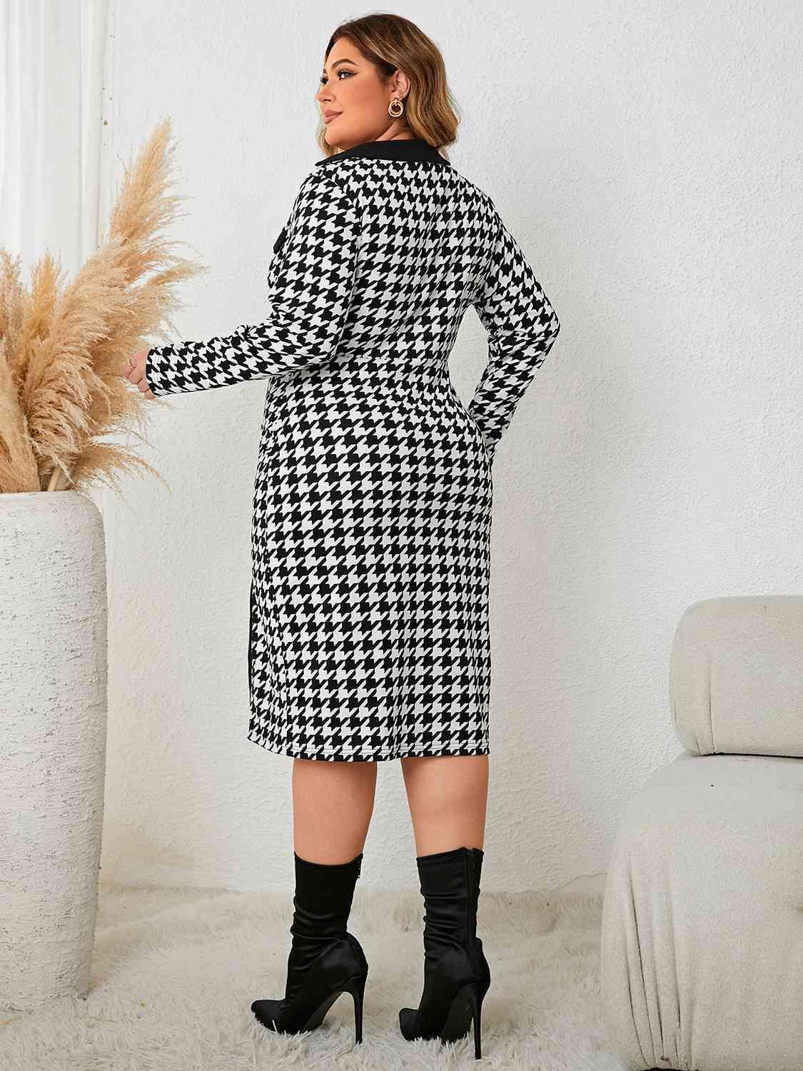 Long Sleeve Plus Size Houndstooth Dress - MXSTUDIO.COM