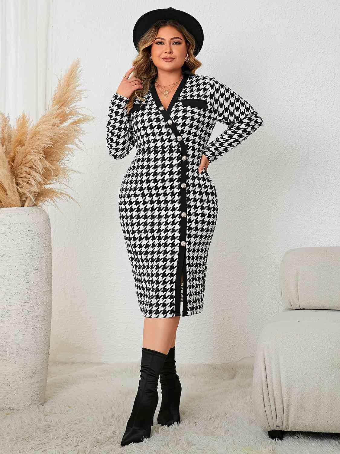 Long Sleeve Plus Size Houndstooth Dress - MXSTUDIO.COM