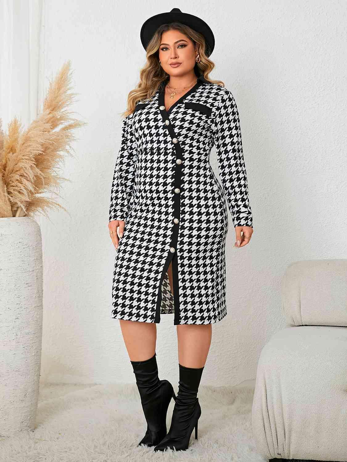 Long Sleeve Plus Size Houndstooth Dress - MXSTUDIO.COM