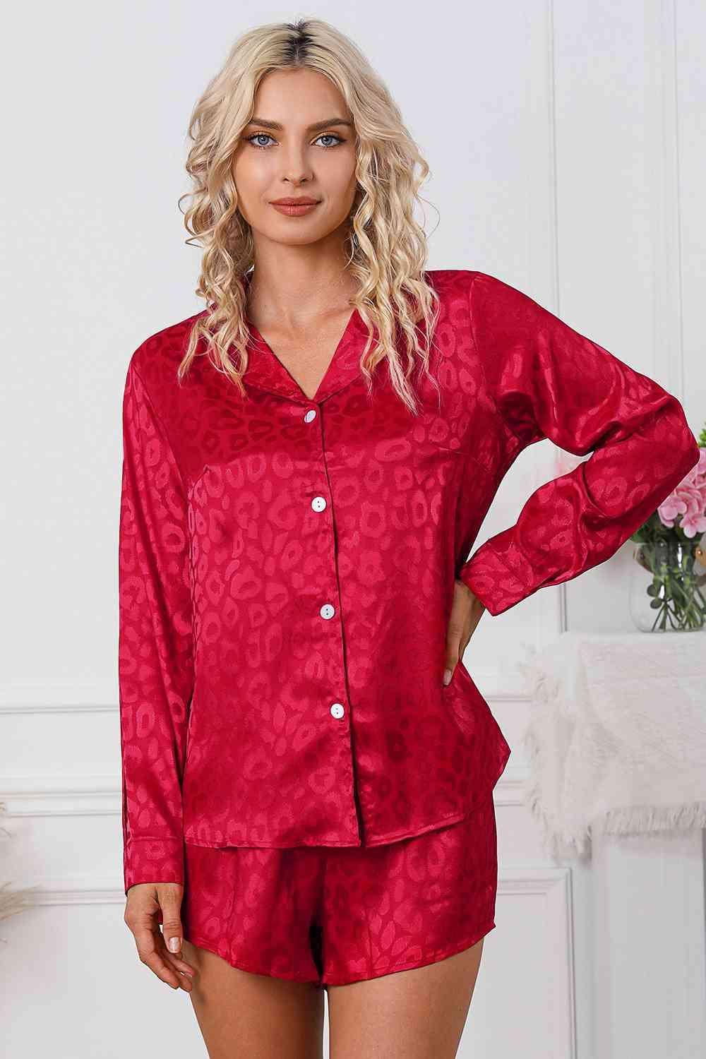 Long Sleeve Shirt and Shorts Womens Red Lounge Set - MXSTUDIO.COM