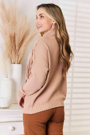 Long Sleeve Turtleneck Fringe Sweater-MXSTUDIO.COM