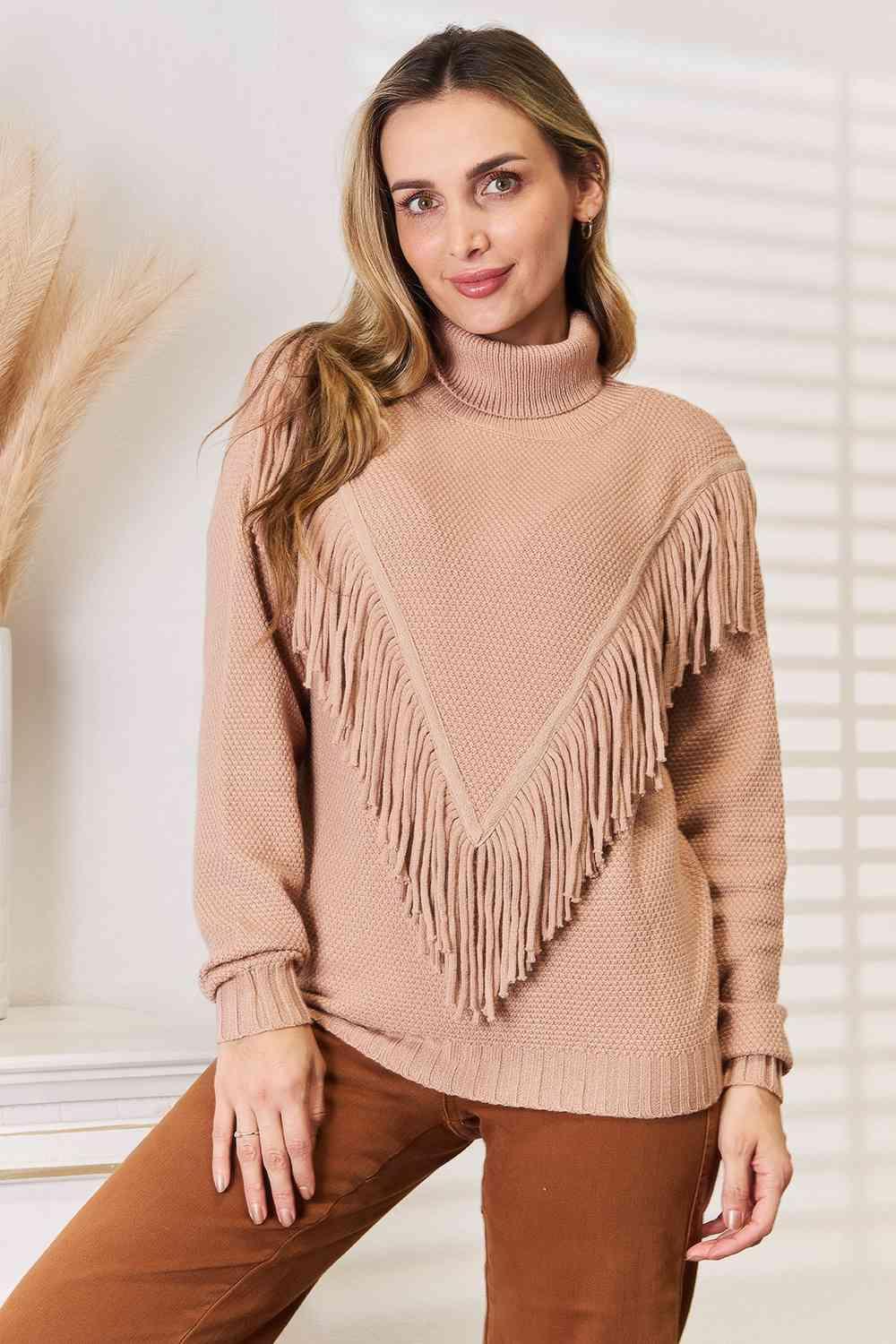 Long Sleeve Turtleneck Fringe Sweater-MXSTUDIO.COM