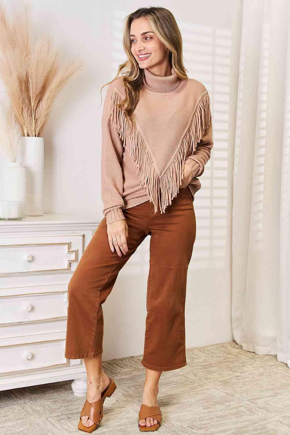 Long Sleeve Turtleneck Fringe Sweater-MXSTUDIO.COM