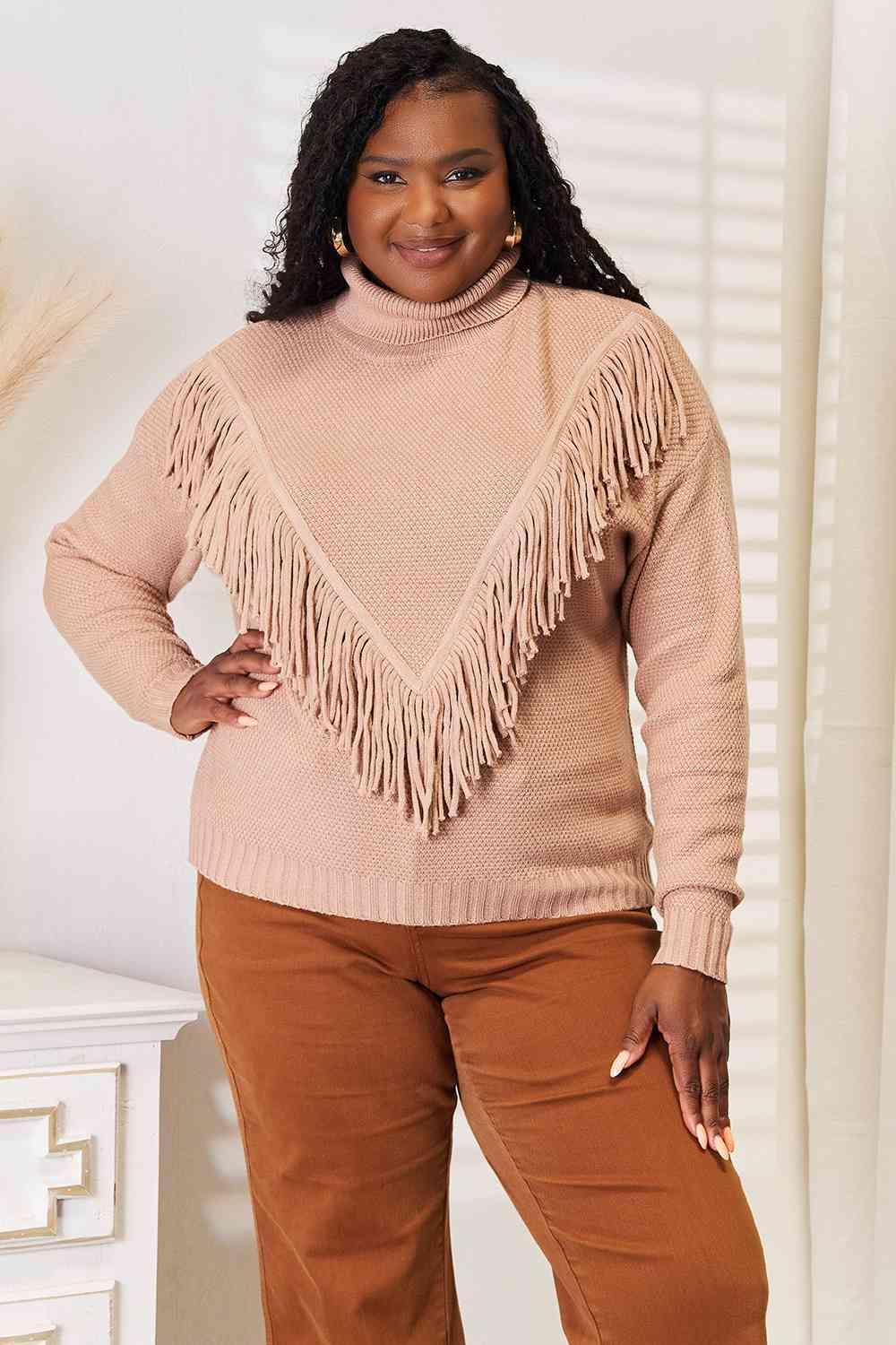 Long Sleeve Turtleneck Fringe Sweater-MXSTUDIO.COM