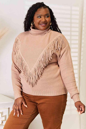 Long Sleeve Turtleneck Fringe Sweater-MXSTUDIO.COM