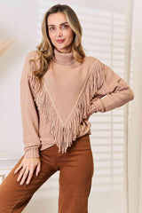 Long Sleeve Turtleneck Fringe Sweater-MXSTUDIO.COM