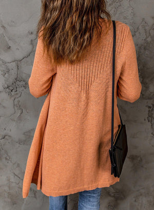 Long Sleeves Orange Ribbed Womens Open Front Cardigan - MXSTUDIO.COM