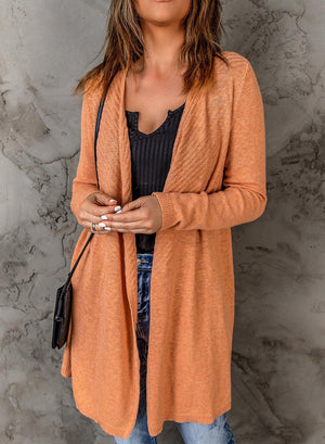 Long Sleeves Orange Ribbed Womens Open Front Cardigan - MXSTUDIO.COM