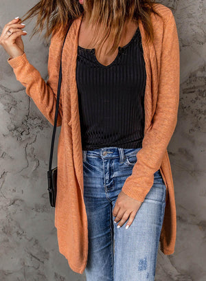 Long Sleeves Orange Ribbed Womens Open Front Cardigan - MXSTUDIO.COM