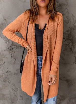 Long Sleeves Orange Ribbed Womens Open Front Cardigan - MXSTUDIO.COM