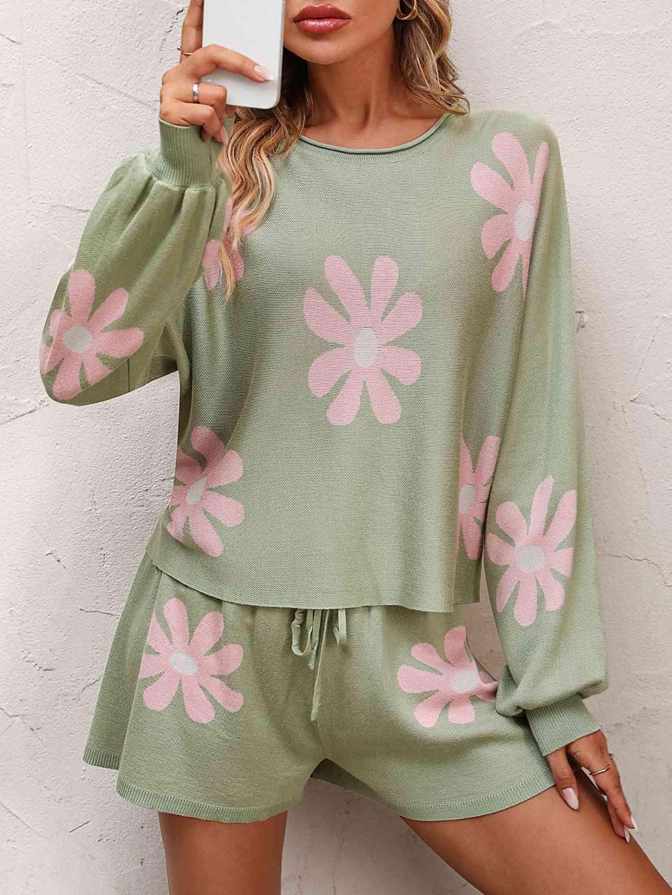 Longing For Spring Floral Knit Sweater and Shorts Set-MXSTUDIO.COM