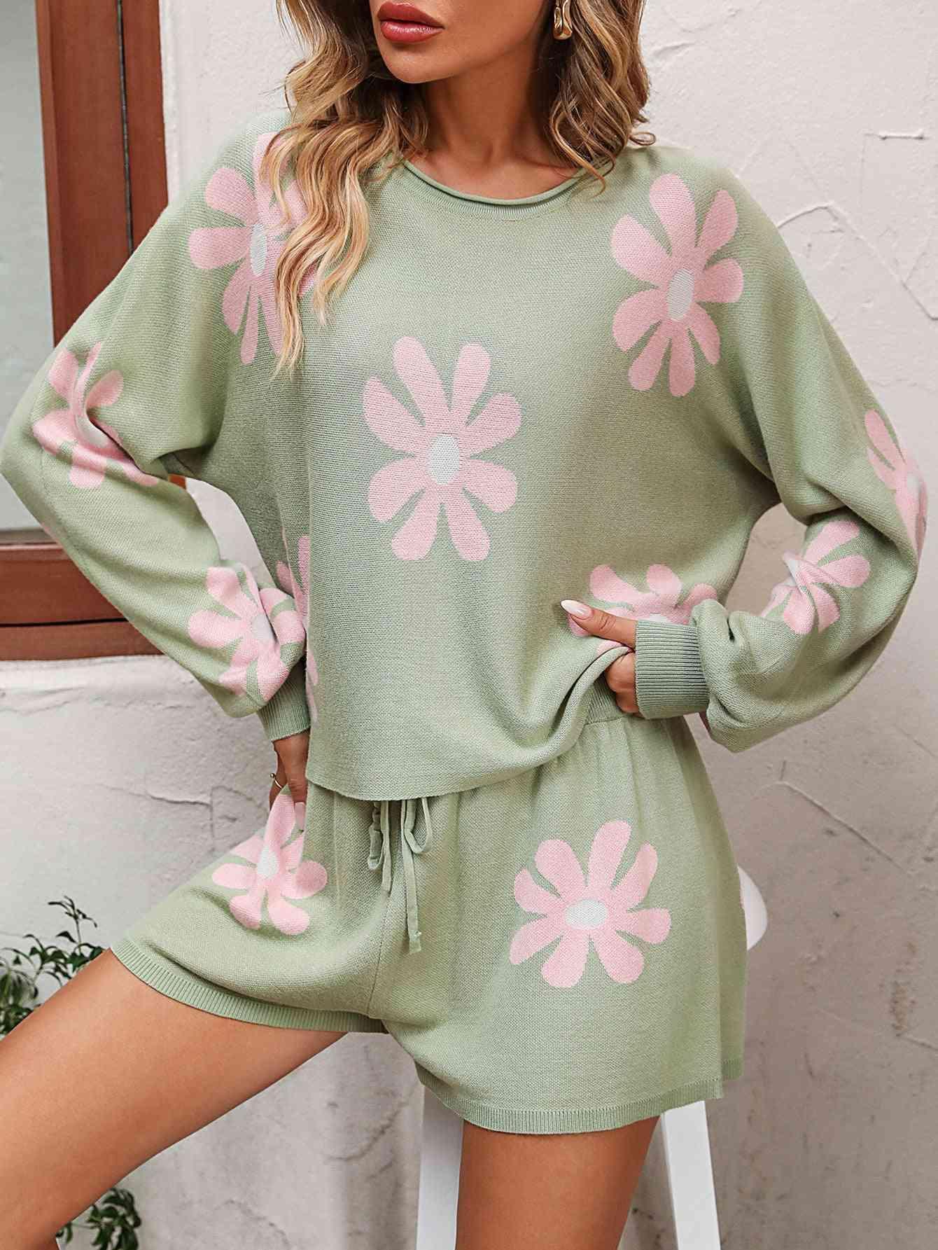 Longing For Spring Floral Knit Sweater and Shorts Set-MXSTUDIO.COM