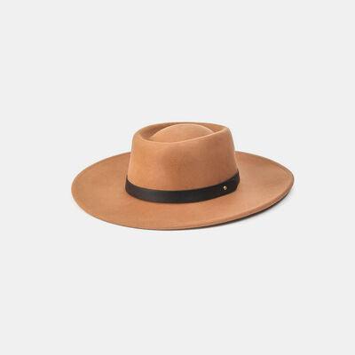 a tan hat with a black band on a white background