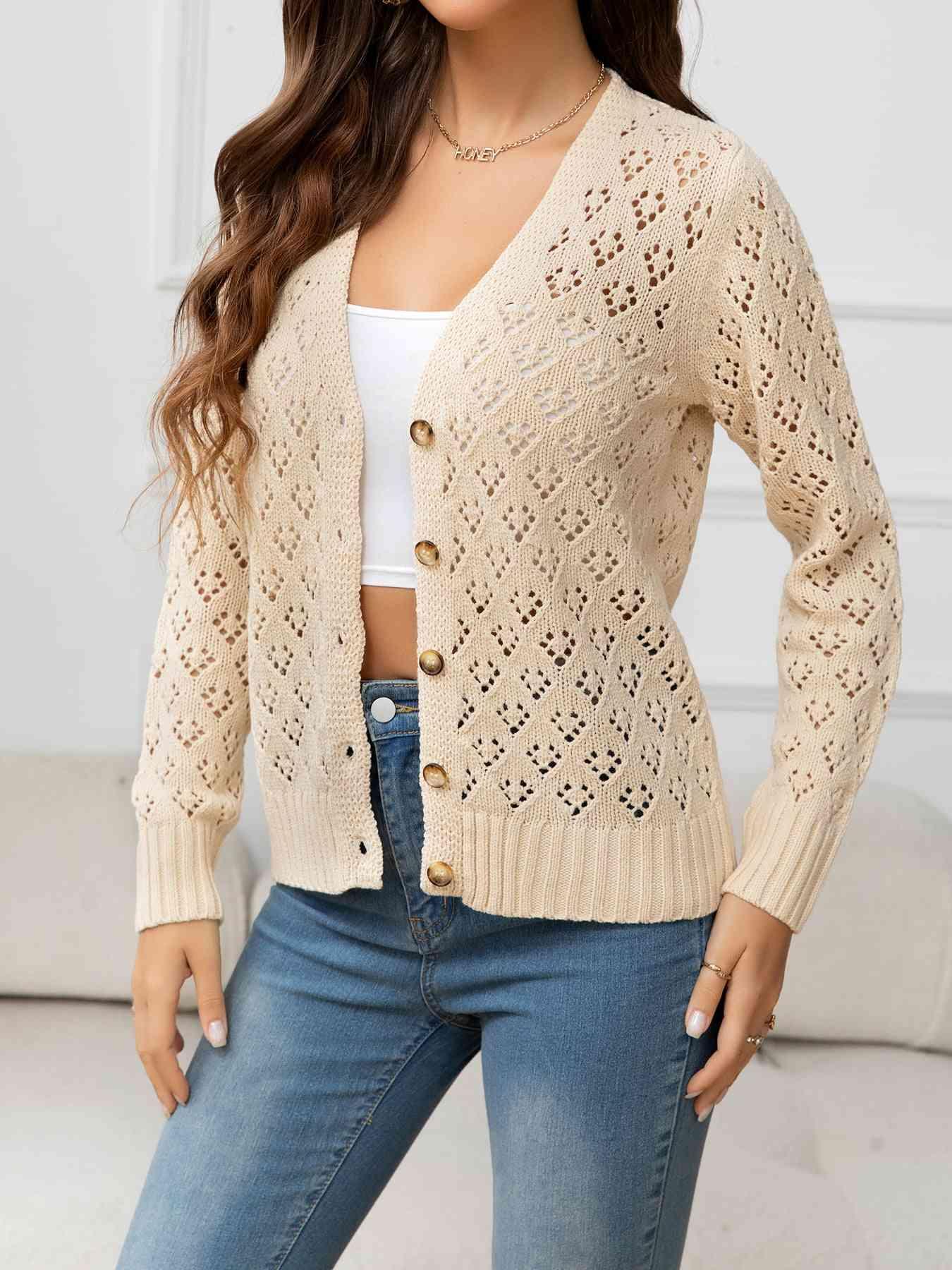 Look Natural V-Neck Open Knit Cardigan-MXSTUDIO.COM