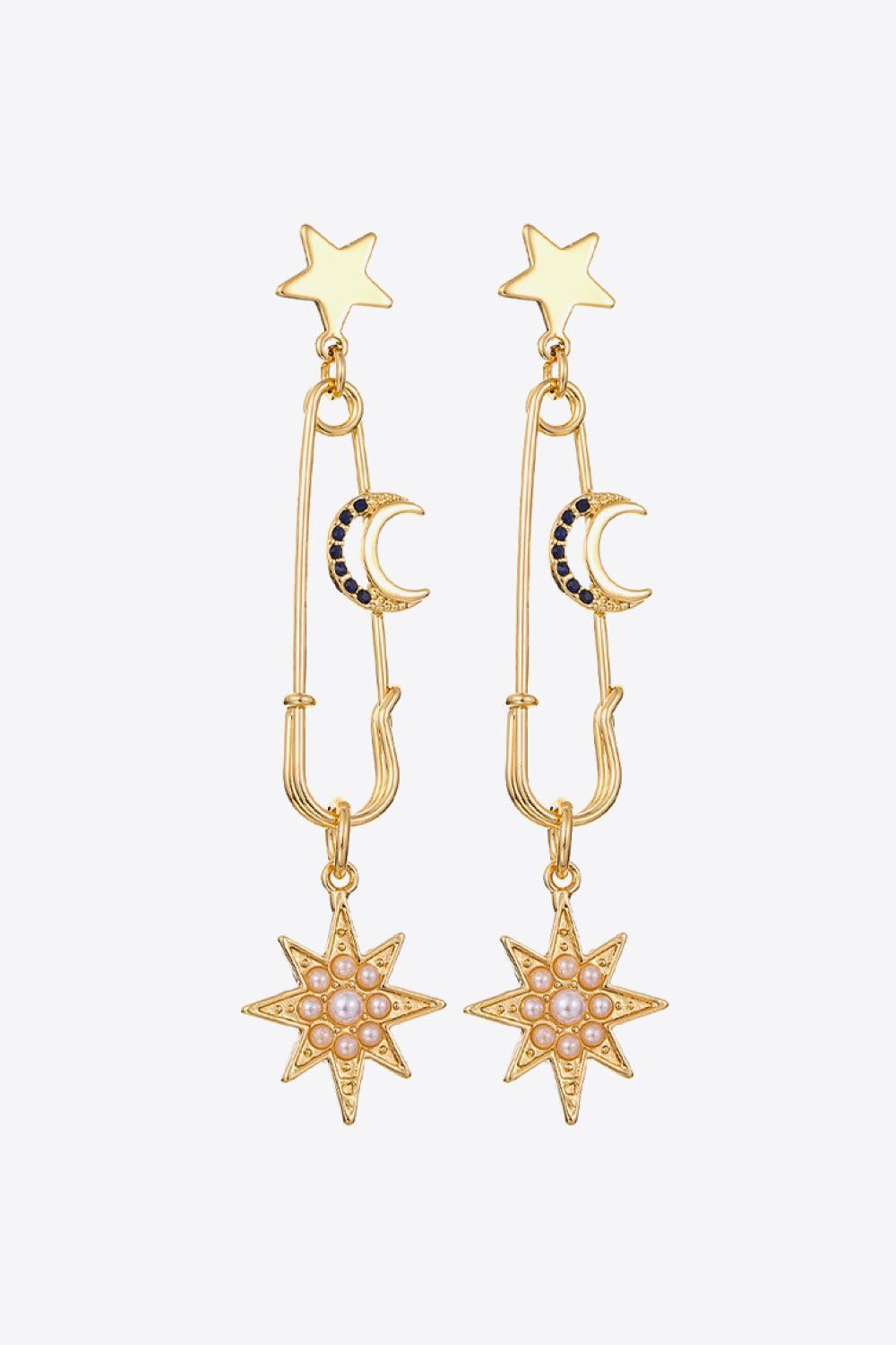 Look Unique Inlaid Pearl Drop Moon And Star Earrings - MXSTUDIO.COM