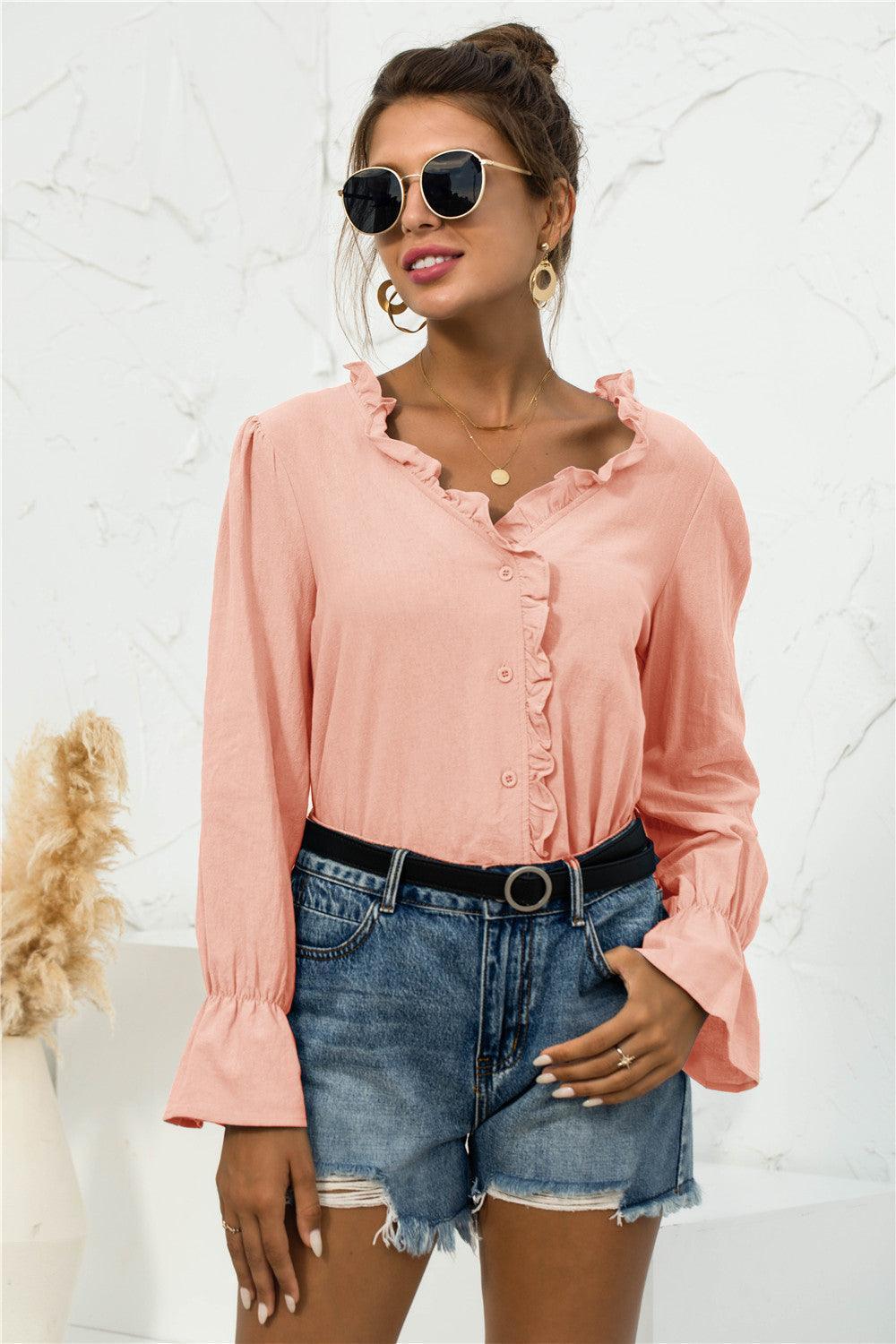 Looking Young Frill Flounce Long Sleeve Blouse - MXSTUDIO.COM