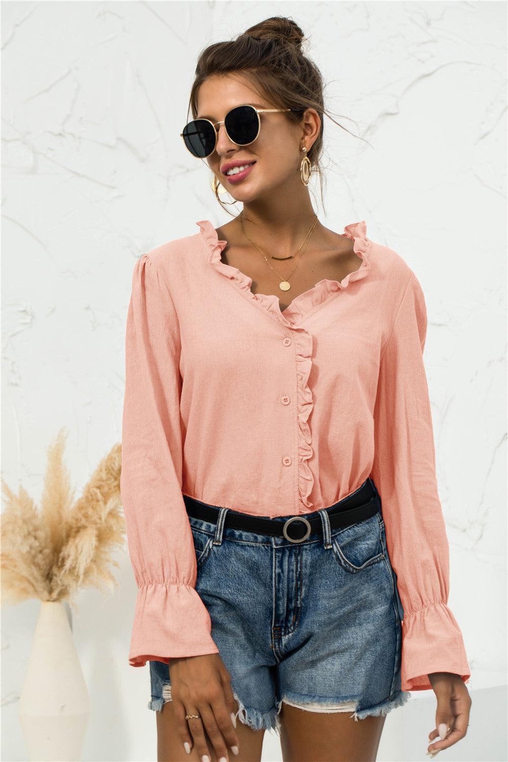 Looking Young Frill Flounce Long Sleeve Blouse - MXSTUDIO.COM