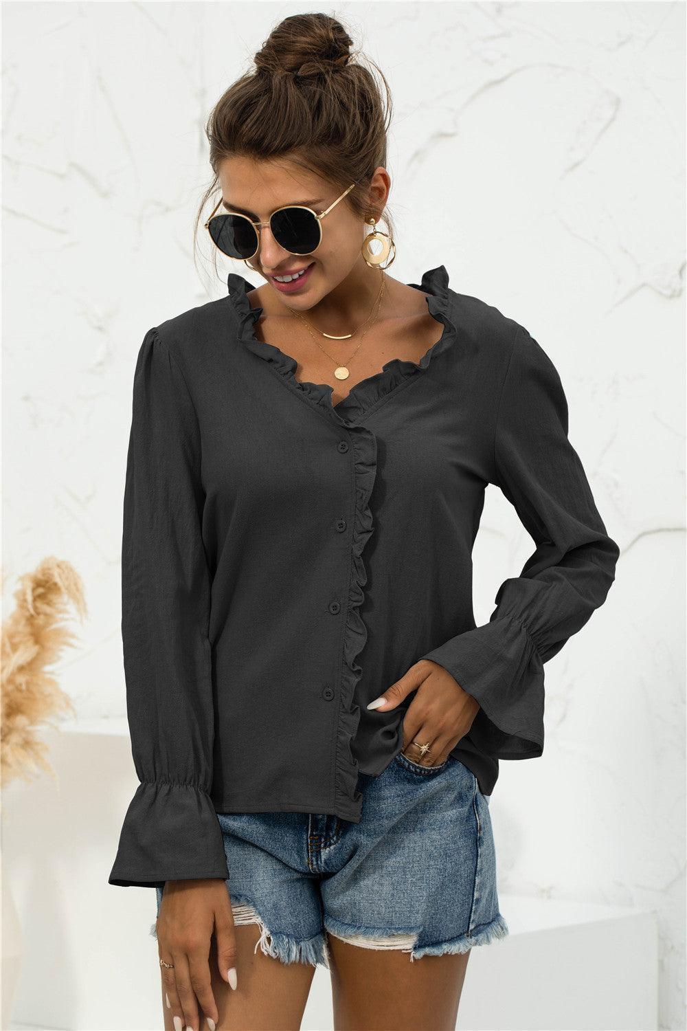 Looking Young Frill Flounce Long Sleeve Blouse - MXSTUDIO.COM