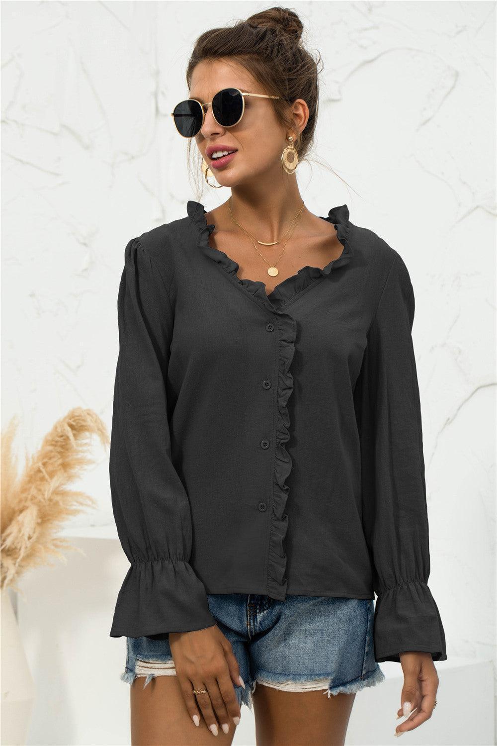 Looking Young Frill Flounce Long Sleeve Blouse - MXSTUDIO.COM