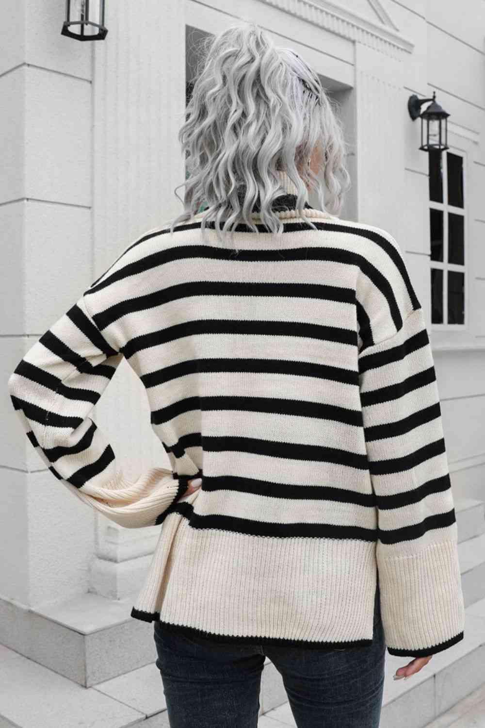 Loose And Comfy Striped Turtleneck Sweater-MXSTUDIO.COM