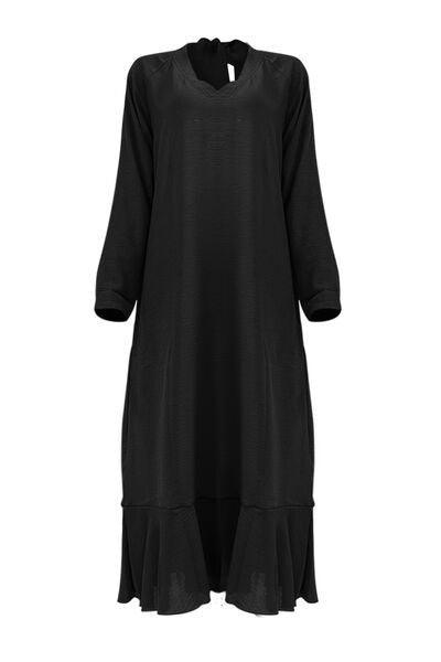a women's black dress with a v neck