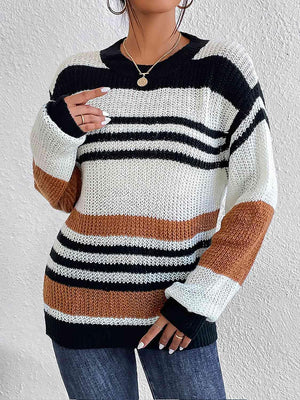 Lounge Around Crew Neck Striped Knit Sweater-MXSTUDIO.COM