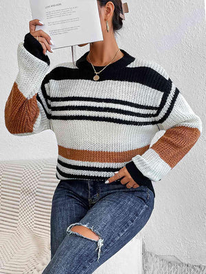 Lounge Around Crew Neck Striped Knit Sweater-MXSTUDIO.COM