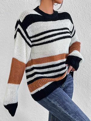 Lounge Around Crew Neck Striped Knit Sweater-MXSTUDIO.COM