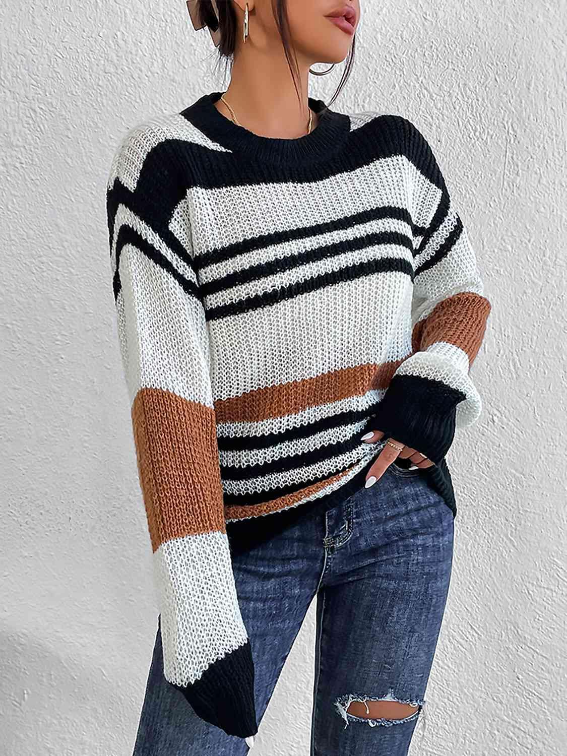 Lounge Around Crew Neck Striped Knit Sweater-MXSTUDIO.COM