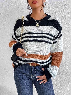 Lounge Around Crew Neck Striped Knit Sweater-MXSTUDIO.COM