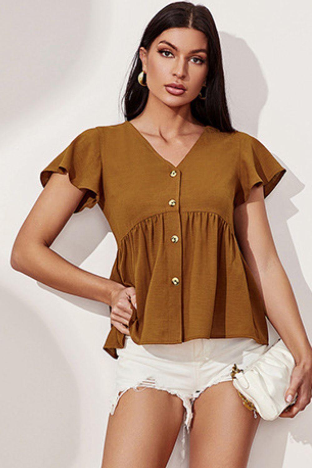 Lovable Buttoned Flutter Sleeve Babydoll Blouse - MXSTUDIO.COM