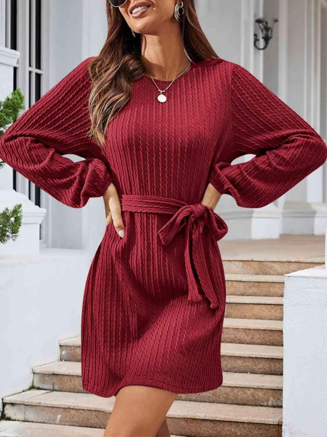 Lovely Autumn Knitted Tie Waist Sweater Dress-MXSTUDIO.COM