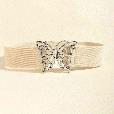 a white belt with a butterfly buckle on it