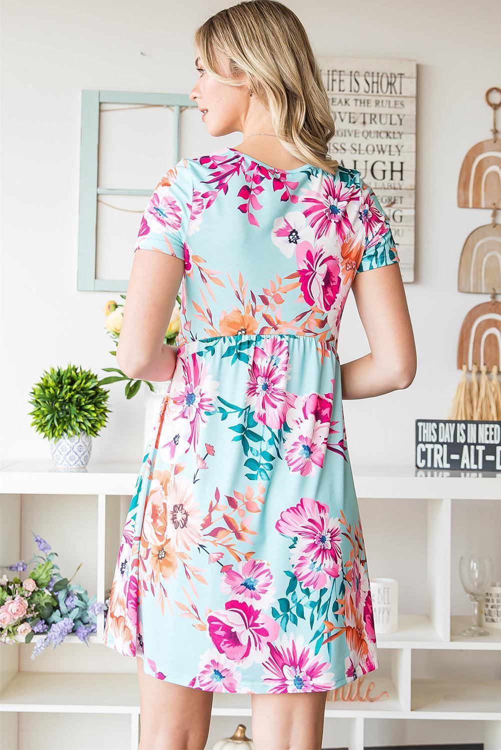 Lovely Crewneck Short Sleeve Floral Mini Dress - MXSTUDIO.COM