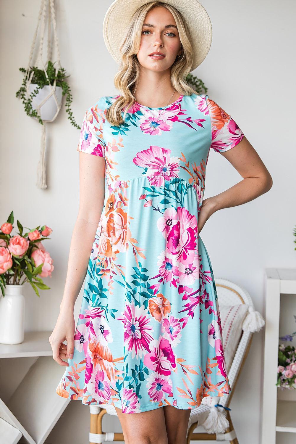 Lovely Crewneck Short Sleeve Floral Mini Dress - MXSTUDIO.COM