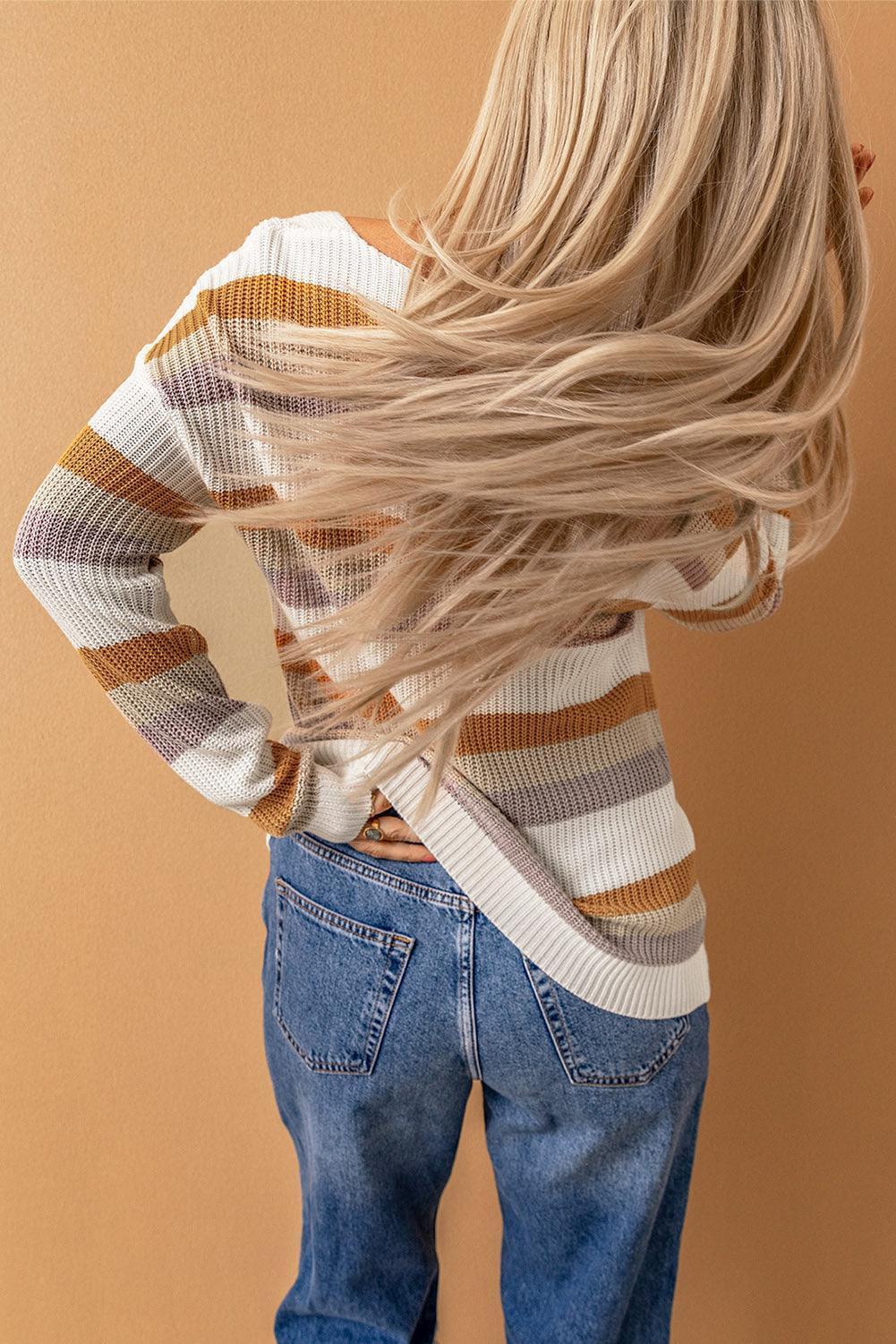 Lovely Dropped Shoulder V-Neck Striped Rib Knit Sweater - MXSTUDIO.COM