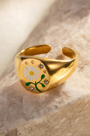 Lovely Flower Pattern Stainless Steel Gold Open Ring - MXSTUDIO.COM