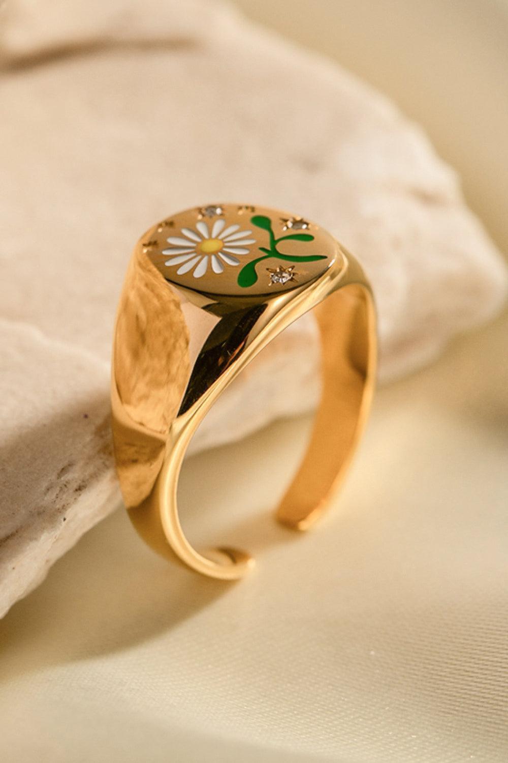 Lovely Flower Pattern Stainless Steel Gold Open Ring - MXSTUDIO.COM