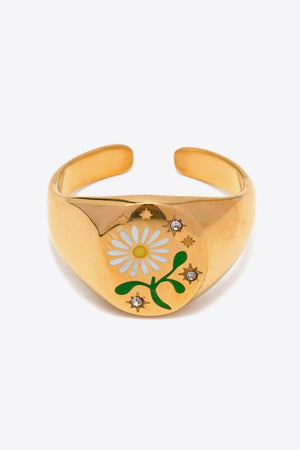 Lovely Flower Pattern Stainless Steel Gold Open Ring - MXSTUDIO.COM