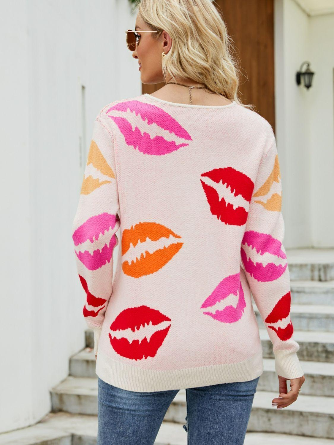 Lovely Lip Print V-Neck Ribbed Knit Sweater - MXSTUDIO.COM